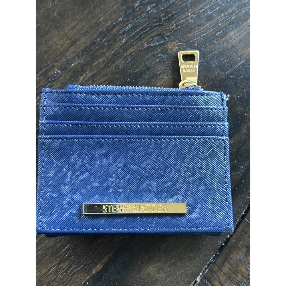 Steve Madden Blue Saffiano Card Case Wallet ID Window Gold Tone Hardware EUC